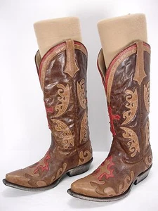 LANE GRACE DISTRESSED BROWN / RED LEATHER INLAY COWBOY WESTERN BOOTS WOMEN'S 6 - Picture 1 of 12