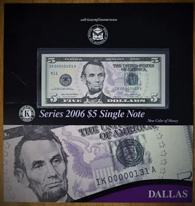 Serie baja de $5 2006 #403 nuevo color de dinero K-Dallas precio base federal gema nítida ¡sin circular! - Imagen 1 de 5