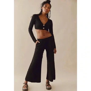 NWT Free People Ziggy Sweater Set Wide Leg Pants Crop Top Cardi Black Sz Large - Picture 1 of 12