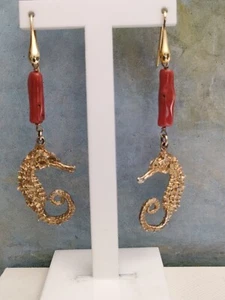 Orecchini Pendenti Donna Argento 925 pietre naturali Corallo Cavalluccio marino - Foto 1 di 5