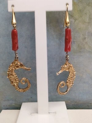 Orecchini Pendenti Donna Argento 925 pietre naturali Corallo Cavalluccio marino - Immagine 1 di 4