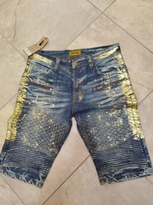 Men Blue Denim Short by Makobi Distressed & Ripped Marbled Gold Foil Size 32 - Picture 1 of 7
