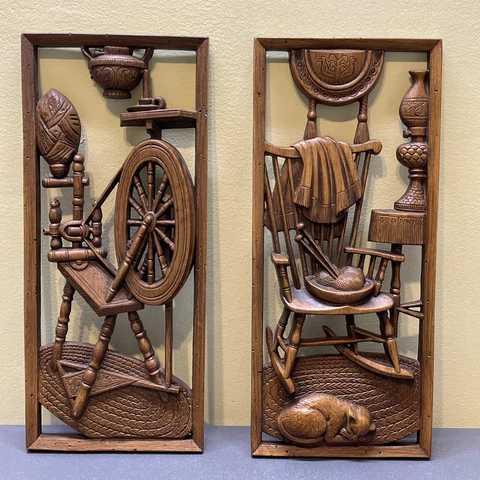 Vintage 1960's Sculpted 3D Wall Hanging Pair Burwood Spinning Wheel Rocking Chai Cover