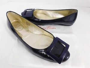 Roger Vivier Paris Navy Blue Patent leather Buckle Ballet Falts Italy 37.5 - Picture 1 of 7