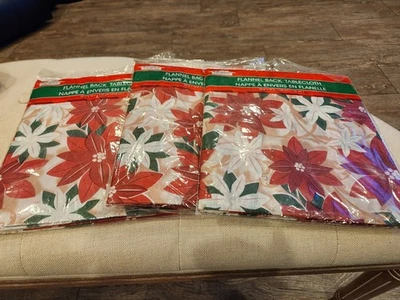 3 Christmas House Vinyl Flannel Back Poinsettias Tablecloth 52" x 70" NEW SEALED - Image 1 of 4