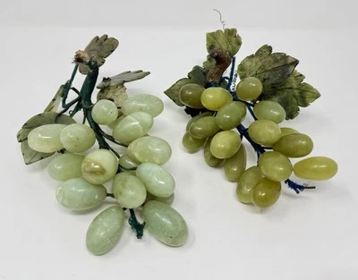 Juego de 2 racimos de uva de alabastro verde claro hojas de piedra talladas vintage MCM Foto 1 de 4