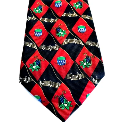 Corbata de Navidad Meeting Street Repp Notas Musicales Banda Tambor Poinsetta Vacaciones Rojo Foto 1 de 4