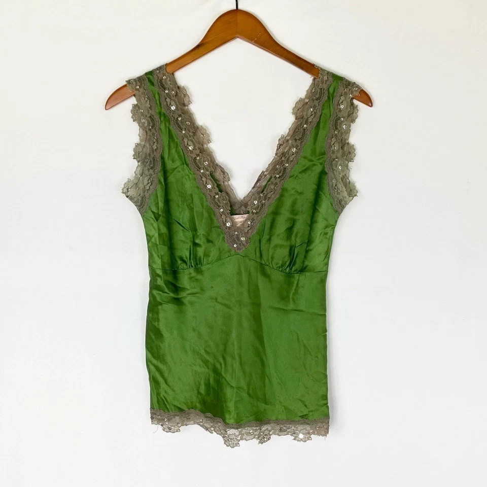 Винтажный золотой ястреб шелк кружева V шеи блузка зеленый атлас блузка легкий размер S - Изображение 1 из 4