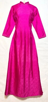 Ao Dai TT-164 Lua To Tam Ha Dong Talla XL Rosa Caliente/Plateado Seda Morera Foto 1 de 2