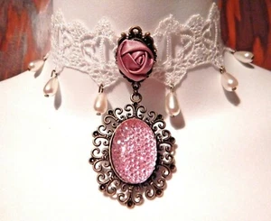WHITE PINK DELICATE LACE CHOKER bronze pink rose pearl bead wedding bride EGL K3 - Picture 1 of 2
