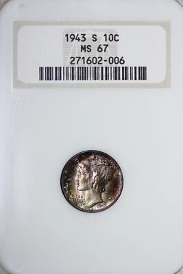 GEM++ BU 1943-S Mercury Dime NGC MS67 Pleasing Toning Old Fat Holder ICNM - Image 1 of 4
