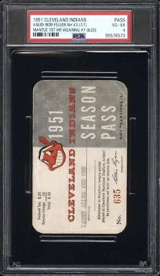 1951 PSA Ticket Pass Indians Bob Feller No-Hitter/Mantle 1st HR Wearing# 7⚾️1/1 - Image 1 of 4
