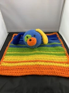 Hand crocheted lovey blanket puppy dog boy blue orange green plastic eyes R - Picture 1 of 13