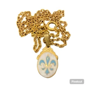Vtg Fleur de Lys Enamel Little Oval Medallion with Chain - Picture 1 of 1