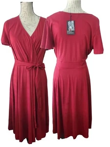 Pin Up Fashion Women's 16 Burgundy Surplice Fit & Flare Dress Belted - Picture 1 of 12