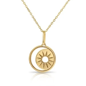 14K Real Solid Yellow Gold Star & Crescent Medallion Pendant Charm Necklace 18in - Picture 1 of 16