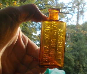 AMERICAN HAIR COLORING NEW YORK AMBER 1890s SCARCE HAND BLOWN HAIR BOTTLE - Picture 1 of 8