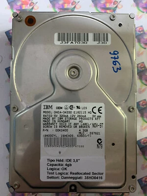 Hard Disk IDE 3,5" 4,3GB IBM DHEA-34330 00K0400 E67621 NOV-97 - Immagine 1 di 4
