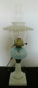 ANTIQUE FENTON BLUE OPALESCENT HONEYCOMB MILK GLASS KEROSENT ELEC TABLE LAMP - Picture 1 of 7