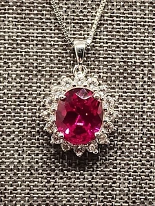 5.0cwt Red Lab Created Ruby w/ White Sapphires on 925 on 18" Box Chain - Picture 1 of 10
