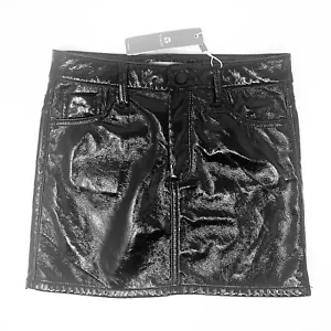 Tractr Girls Sz 14 Black Pleather Mini Skirt Shiny Faux Patent Leather 5 Pockets - Picture 1 of 12