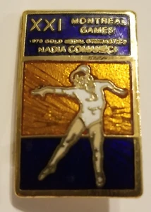 Vintage 1976 Montreal Games Gold Metal Gymnastics Nadia Comaneci Enamel Pinback - Picture 1 of 3