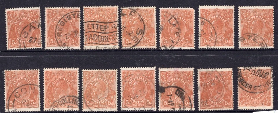 KGV Australia 5d Brown Lot x 14 - Image 1 of 1