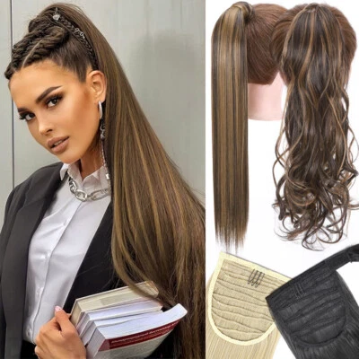 US Long Curly Ponytail Drawstring Cornwave Hair Extensions Piece Thick As Human - Image 1 of 4