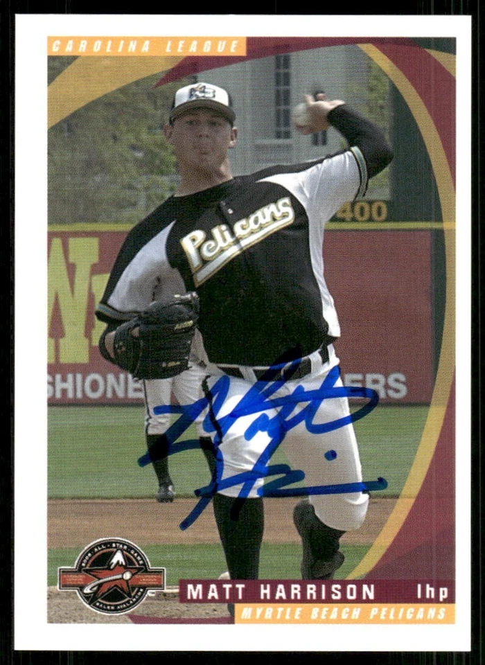 Tarjeta firmada por Myrtle Beach Pelicans Matt Harrison 2006 autógrafo automático Rangers Brav Foto 1 de 1