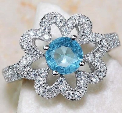 Anillo de plata esterlina maciza 925 aguamarina y topacio de 2 quilates joyería talla 6 U3-7 Foto 1 de 2