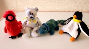 Rare 1990s Beanie Babies Set Of 4 Penguin Chameleon Cardinal Sun Bear - Picture 1 of 5