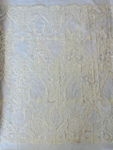 IVORY - Beaded Damask Lace/Sequin Embroider Lace Fabric - Sold by The Yard. - Picture 1 of 3