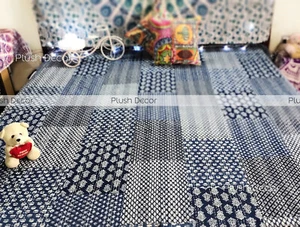 Reversible Indigo Kantha Quilt Throw Hippie Bedspread Indian Bohemian Beddings - Picture 1 of 6