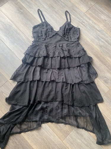 VERSACE Abito midi a strati ricamato a strati chiffon testurizzato inchiostro perso designer XL 16