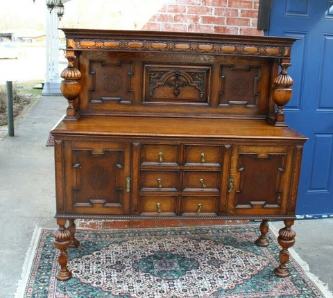 English Antique Oak Jacobean Sideboard / Buffet / Bar Cabinet Cover