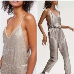 Mono Free People Lentejuelas Doradas Cuello en V XS Cintura Ajustable - Imagen 1 de 8