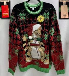 NWT! CELEBRATE TOGETHER RED GREEN SANTA CAT POCKET UGLY CHRISTMAS SWEATER TOP XL - Picture 1 of 15