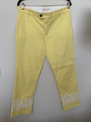 Tory Burch 29 Adrienne Chino Pants Embroidery Cuffs Yellow Stretch - Image 1 of 4