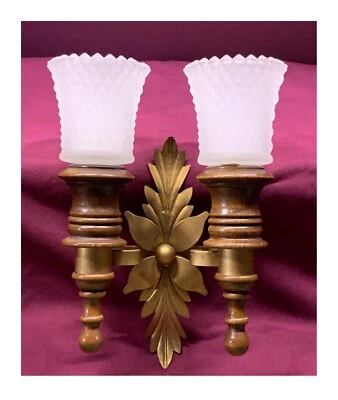 VINTAGE HOME INTERIOR WOOD/METAL HANGING SCONCE WITH TWO FROSTED GLASS GLOBES - Image 1 of 4