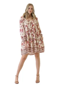Angie Long Sleeve Multicolor Floral 100% Rayon Mini Dress Women's Size Large New - Picture 1 of 9
