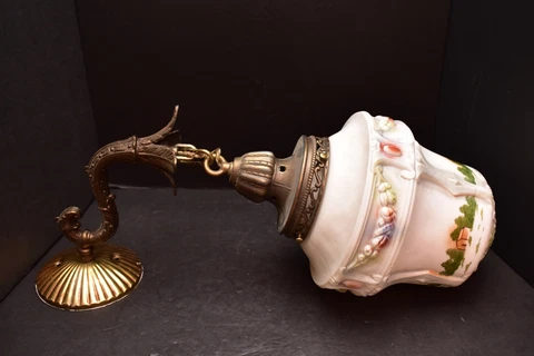 VTG Colonial White Glass Painted Scene Pendant Light Hanging Sconce NeoClassical Cover