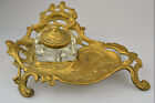 VINTAGE GLASS INKWELL IN BRASS STAND ORNATE SCROLLS RAISED LILY VALLEY BUTTERFLY