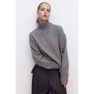 Oversize grün Wollmischung Pullover Kragen Stehkragen Tunika geteilter Saum Pulli S - Bild 1 von 10