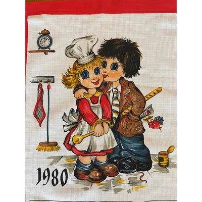 Calendario alemán de toalla de té 1980 - pareja de dibujos animados - rojo - calendario de tela Foto 1 de 4