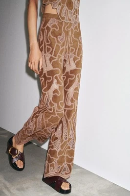 Zara Faux Suede Crochet Trousers Brown Size Small Pants - Image 1 of 4