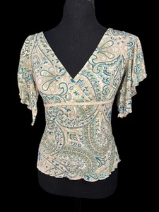 Express Print Rüschenärmel V-Ausschnitt Bluse Damen M Paisley blau/beige y2k 2000er - Bild 1 von 6