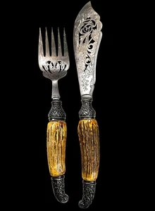 Viktorianisches Sterlingsilber und Teller Fisch Serviermesser und Gabel Set Geweih - Bild 1 von 10