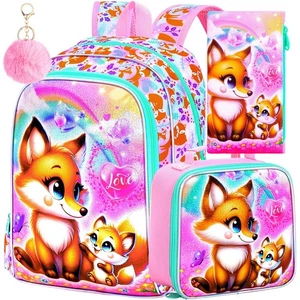 KLFVB 3PCS Girls Fox Backpack, Water Resistant Kids Bookbag with Lunch Box, 1... - Picture 1 of 6