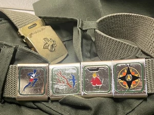 Boy Scout Green 32 Pants & Adjustable Belt w/9 Slide Badges Brass Buckle USA VTG - Picture 1 of 9
