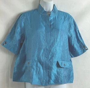 Ruby Rd Petites Size 12P Blue Shimmery Zip Jacket Short Sleeve Snap Flap Pockets - Picture 1 of 17